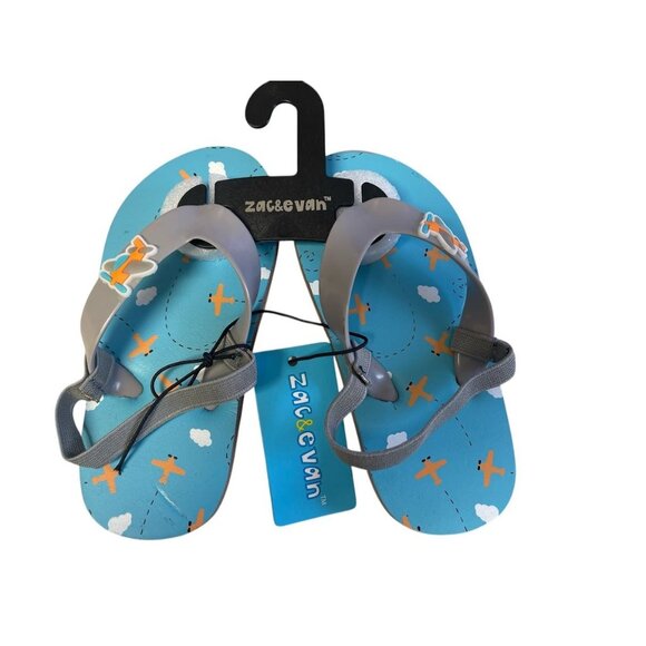 Toddler Airplane-Themed Flip-Flops With Elastic Strap Gray & Blue 9/10 - Picture 1 of 2